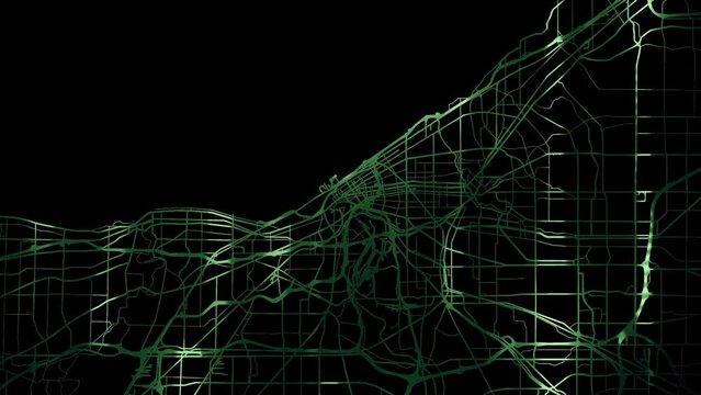 Zoom in road map of Cleveland Ohio with green glowing roads on a black background.