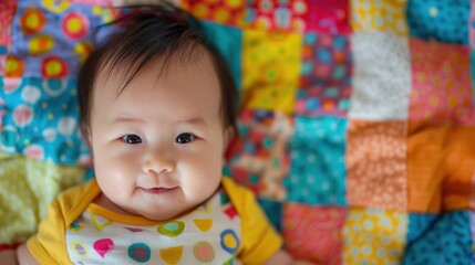 Fototapeta na wymiar A joyful baby with a big smile wearing a yellow bib with colorful polka dots lying on a vibrant quilt with a patchwork of colorful circles.