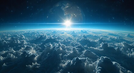 Beautiful scene looking down at the Earth from space, blue technological earth against the background of the universe