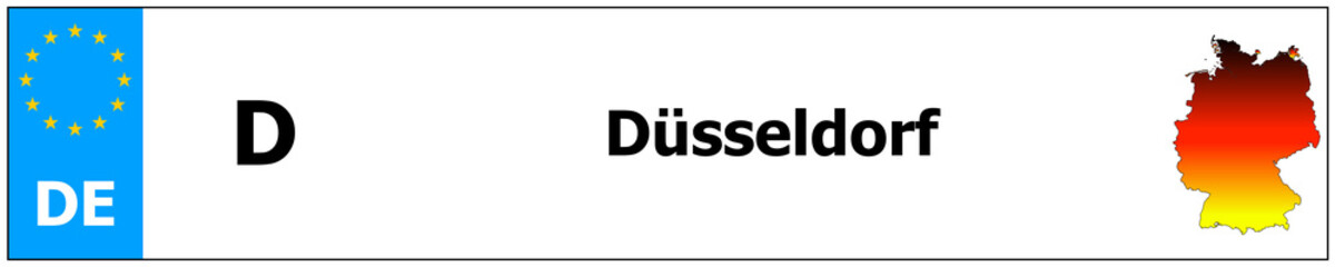 Düsseldorf car licence plate sticker name and map of Germany. Vehicle registration plates frames German number