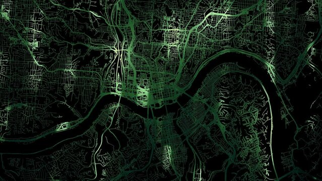 Zoom in road map of Cincinnati Ohio with green glowing roads on a black background.