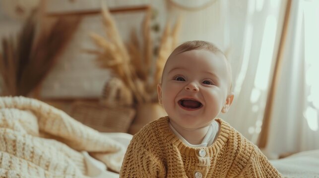 A joyful baby with a big smile wearing a yellow knitted sweater sitting on a bed with a blurred background of a cozy room.