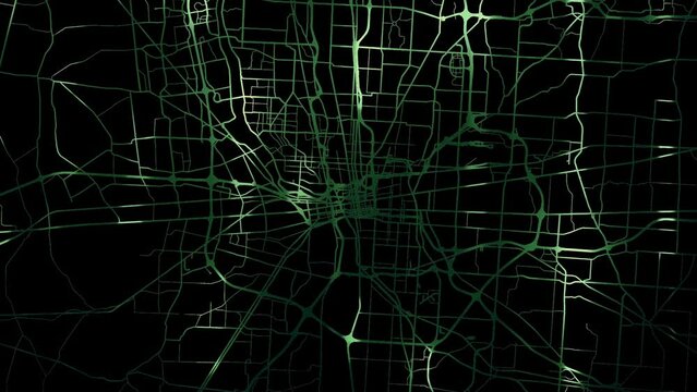 Zoom in road map of Columbus Ohio with green glowing roads on a black background.