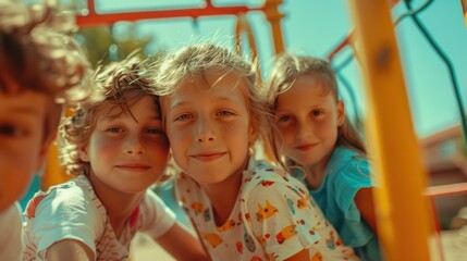 Fototapeta na wymiar Three children with joyful expressions sitting on a playground swing with their hair blowing in the wind on a sunny day.