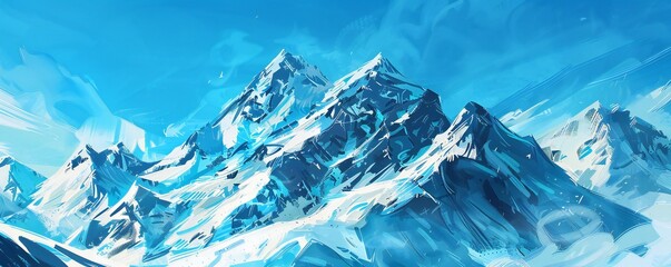 Simple gouache style mountain landscape, white and blue sky Generative Ai 