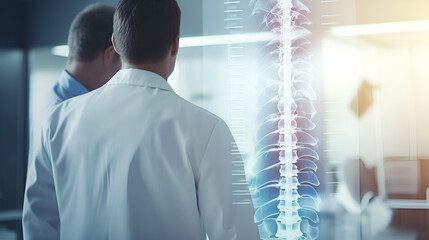 doctors in a white coat stands in front of display x ray to 
 examine it radiology background - obrazy, fototapety, plakaty