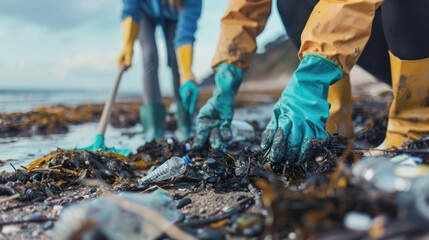 Two people wearing yellow raincoats and blue gloves cleaning a beach covered in seaweed and debris. - obrazy, fototapety, plakaty