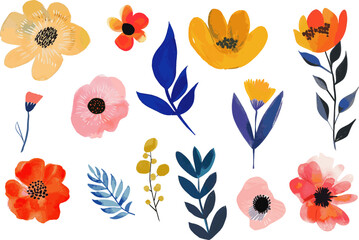 Watercolor painted flowers, bold wild florals. Graphic elements for greeting cards, invitation, nature poster. Blue, orange and red poppies, mimosa, branches. - 747928888