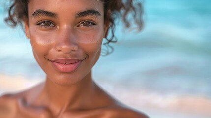A close-up of a smiling woman with a radiant complexion set against a blurred ocean backdrop exuding a sense of joy and serenity. - obrazy, fototapety, plakaty