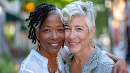 Two smiling women with contrasting hair colors one with black and the other with white hair embracing each other on a street with blurred background.