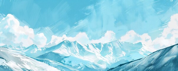 Fototapeta premium Simple gouache style mountain landscape, white and blue sky Generative Ai 