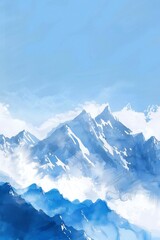 Obraz premium Simple gouache style mountain landscape, white and blue sky Generative Ai 