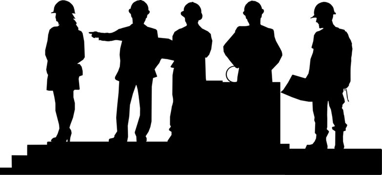 Silhouette Gruppe von 5 Technikern, Architekt und Ingenieuren mit Bauhelm - Team Projekt Meeting - Planung und Analyse