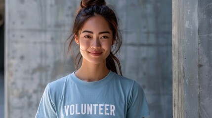 Naklejka na ściany i meble A young woman with a radiant smile wearing a light blue t-shirt with the word 
