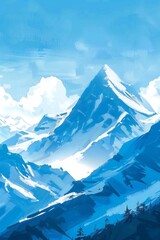 Fototapeta premium Simple gouache style mountain landscape, white and blue sky Generative Ai 