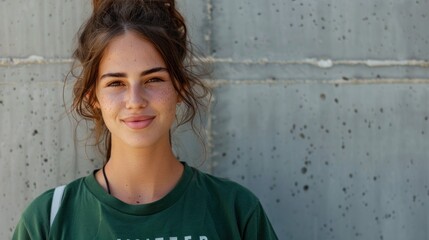Young woman with freckles messy hair and a green t-shirt smiling against a textured gray wall. - obrazy, fototapety, plakaty