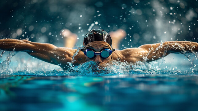 An image capturing the powerful strokes of a swimmer in mid-butterfly stroke