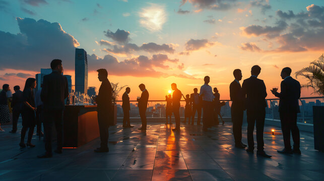 Elegant evening networking event on rooftop terr.