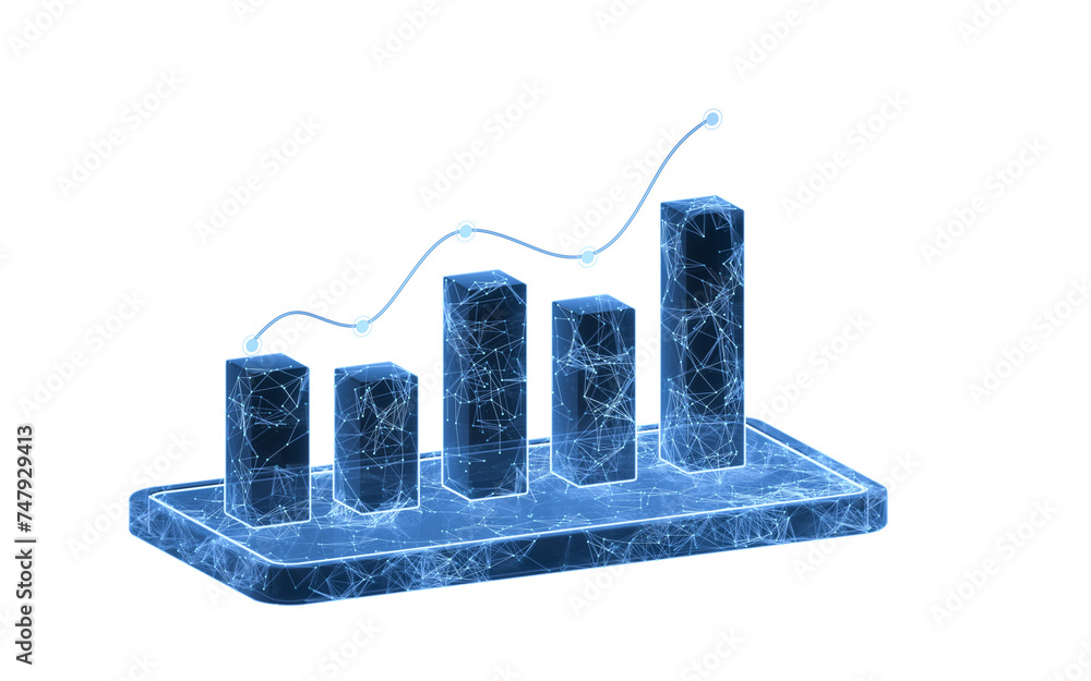 Poster bar graph with increasing trend, 3d rendering.