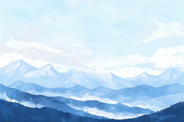 Fototapeta na wymiar Simple gouache style mountain landscape, white and blue sky Generative Ai 