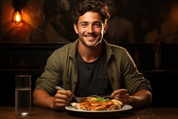 Fototapeta na wymiar Young Man Eating Ravioli, Dinner Time