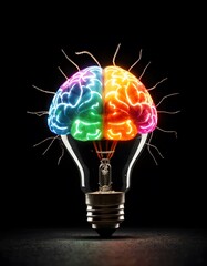 A light bulb in the shape of a brain glows with vibrant multicolored lights against a dark background, symbolizing creativity and inspiration. This concept marries the idea of enlightenment with the