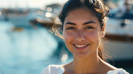 Beautiful woman smiling at camera standing near water with boats in background under bright sunlight. - Powered by Adobe
