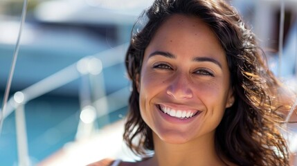 Fototapeta premium Smiling woman with dark hair sunlit skin and a joyful expression standing on a boat with a blurred background of water and boat railing.