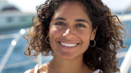 Woman with curly hair smiling wearing hoop earrings on a boat with a blue ocean background.
