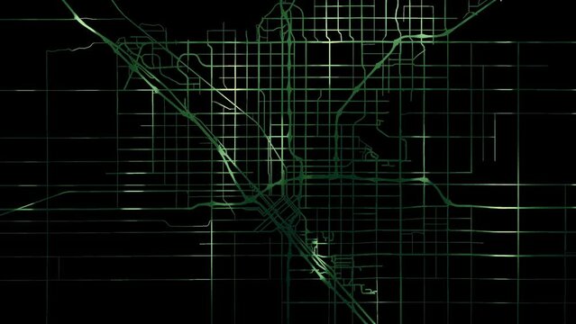 Zoom in road map of Fresno California with green glowing roads on a black background.