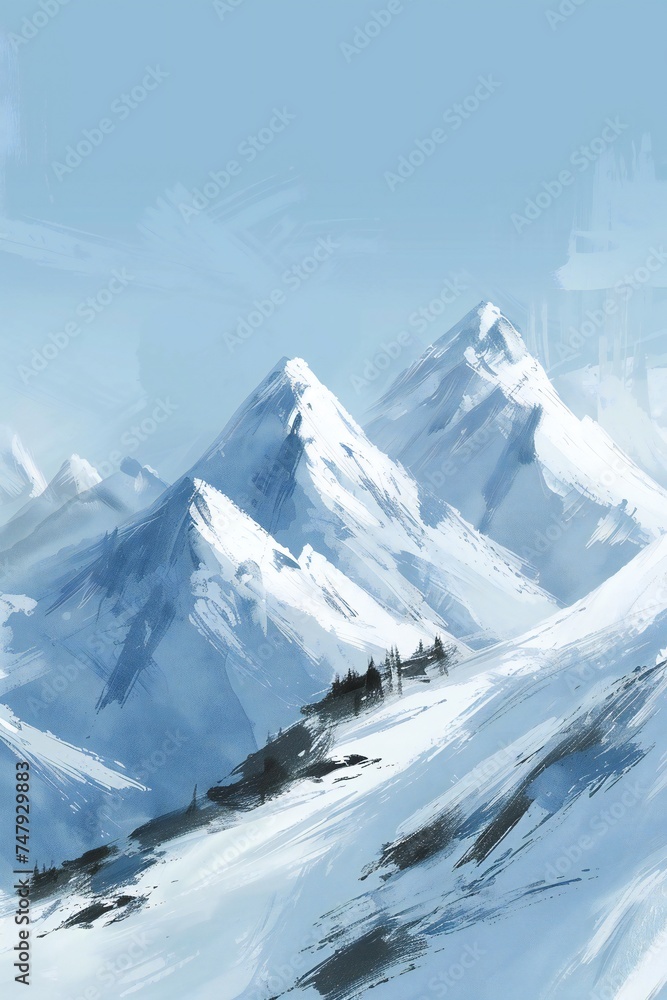 Wall mural Simple gouache style mountain landscape, white and blue sky Generative Ai 