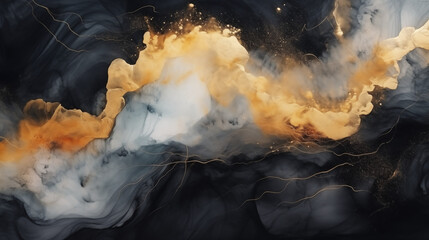 Abstrakcyjne złote i czarne tło - atrament alkoholowy. Ciemny nowoczesny obraz - sztuka. Fale i nieregularne kształty 