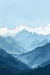 Simple gouache style mountain landscape, white and blue sky Generative Ai 