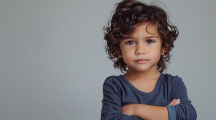 Young child with curly hair wearing a blue shirt standing against a gray background with arms crossed looking directly at the camera.