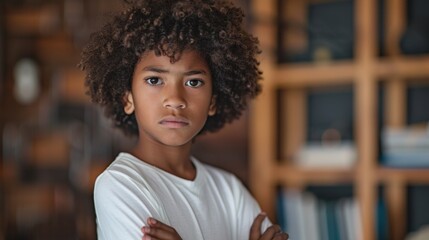 Young boy with curly hair wearing a white t-shirt standing in front of a bookshelf with a thoughtful expression.