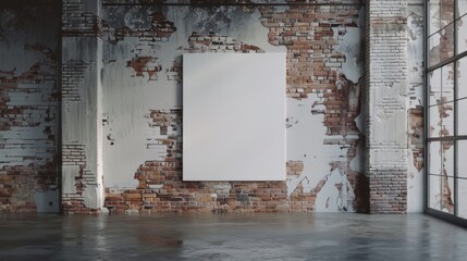 A modern gallery space with a single large blank canvas on an exposed brick wall, industrial windows letting in daylight, and a minimalist seating area