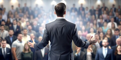 a man speaking in front of a crowd of people