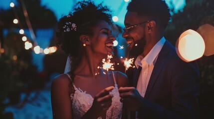 A joyous couple sharing a moment of laughter and sparklers illuminated by the glow of string lights against a night sky.