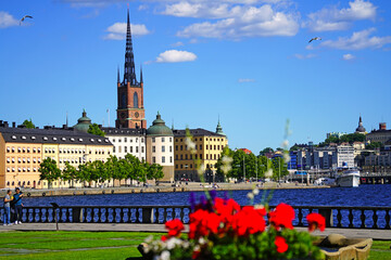 the view of Riddarholmen Church in a sunny day in Stockholm Sweden.