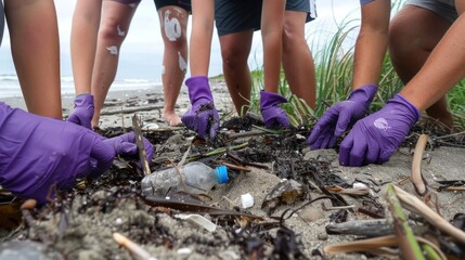A group of people wearing purple gloves are picking up trash on a beach demonstrating environmental stewardship.