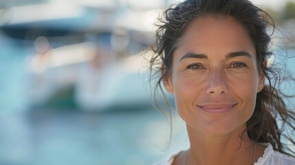 A woman with a radiant smile standing near a body of water with boats in the background her hair blowing in the breeze exuding a sense of joy and freedom.