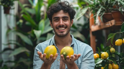 Smiling man in blue shirt holding two lemons in front of a lush green plant backdrop.