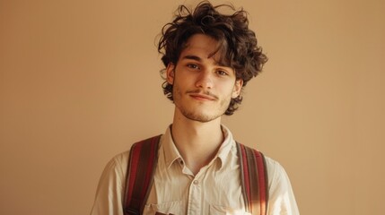 Fototapeta premium Young man with curly hair mustache and beard wearing a white shirt and suspenders standing against a beige wall.