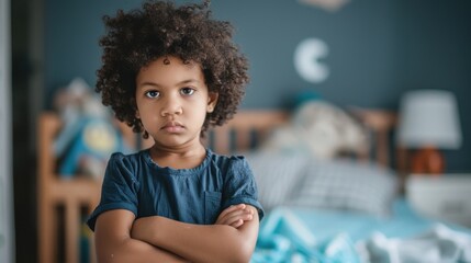 A young child with curly hair wearinga blue shirt standing in a bedroom with a messy bed in the background.