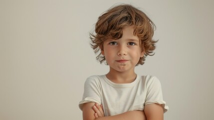 Young boy with curly hair and crossed arms wearing a white t-shirt posing for a portrait with a slight smile.