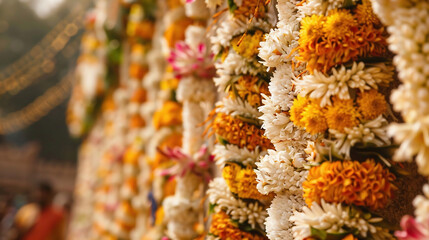 Close up shot of beautiful flower garland in India - obrazy, fototapety, plakaty
