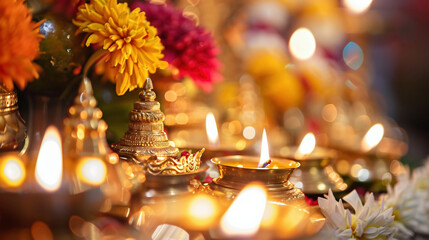 Beautiful traditional lamps festival in India. candles and flowers.