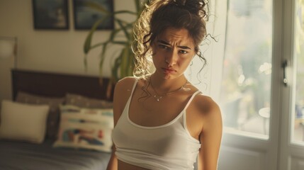 Young woman with curly hair wearing a white tank top standing in a bedroom with a window looking concerned or confused.