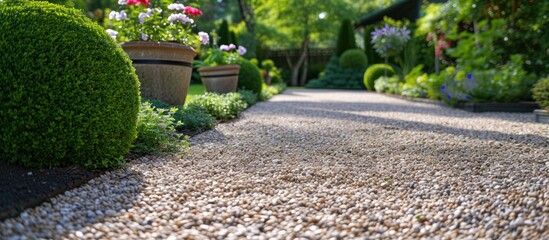 A gravel path winds its way through a garden, flanked on both sides by neatly arranged potted plants. The plants vary in size and color, creating a visually appealing landscape.