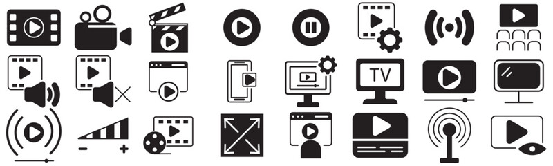 collection of cinema icons, Video icon set. Containing camera, play, pause, media, online video, live, production, player, movie and cinema icons. Solid icon collection